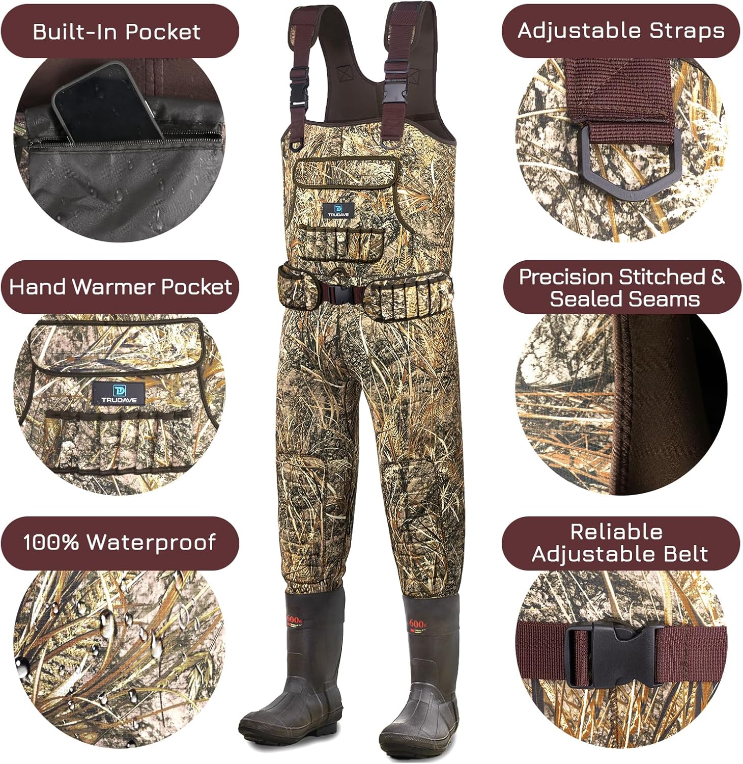 Chest Waders for Men, Neoprene Fishing Waders with Boots Hanger & 600G Insulated, Waterproof Camo Duck Hunting Waders - Image 2
