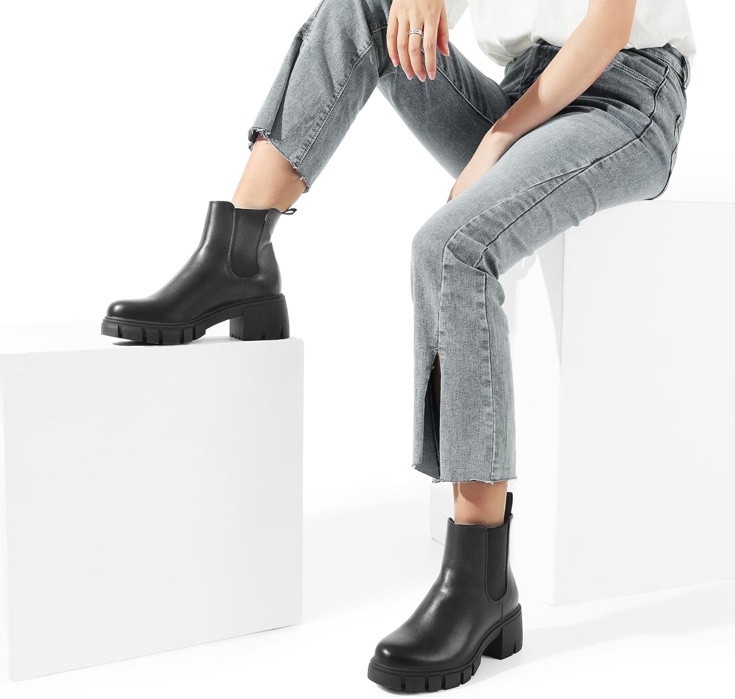 Women's Elastic Chelsea Ankle Boots Platform Low Chunky Block Heel Lug Sole Slip on Fall Heeled Booties Shoes - Image 6