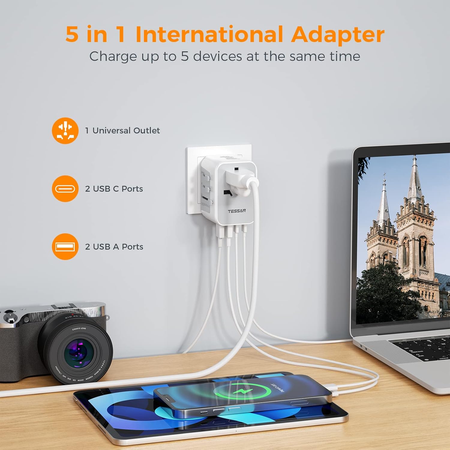 TESSAN Universal Travel Adapter, International Plug Adaptor with 2 USB C Wall Charger 2 USB A Ports, Worldwide Power Outlet Travel Essentials for US to European EU UK AUS (Type C/G/A/I) - Image 3