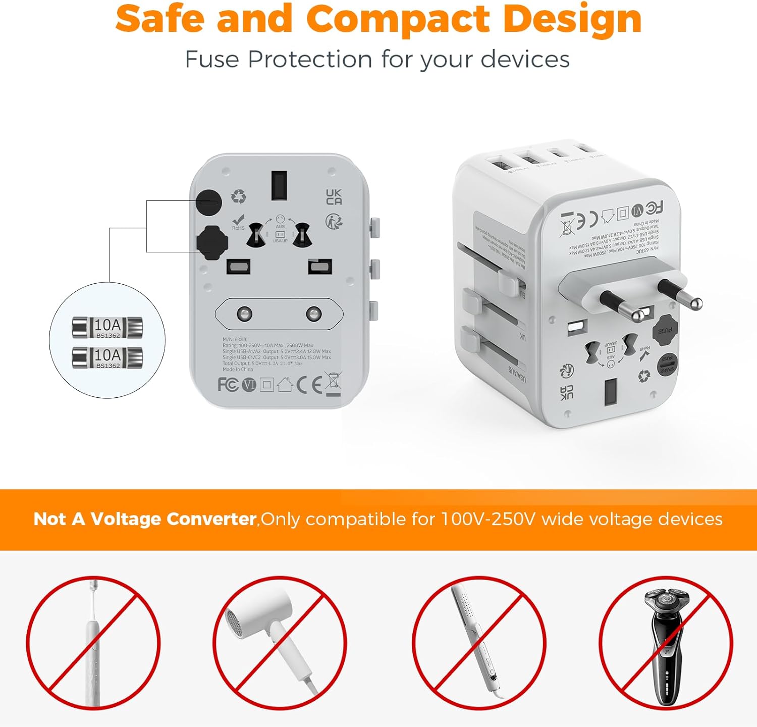 TESSAN Universal Travel Adapter, International Plug Adaptor with 2 USB C Wall Charger 2 USB A Ports, Worldwide Power Outlet Travel Essentials for US to European EU UK AUS (Type C/G/A/I) - Image 6