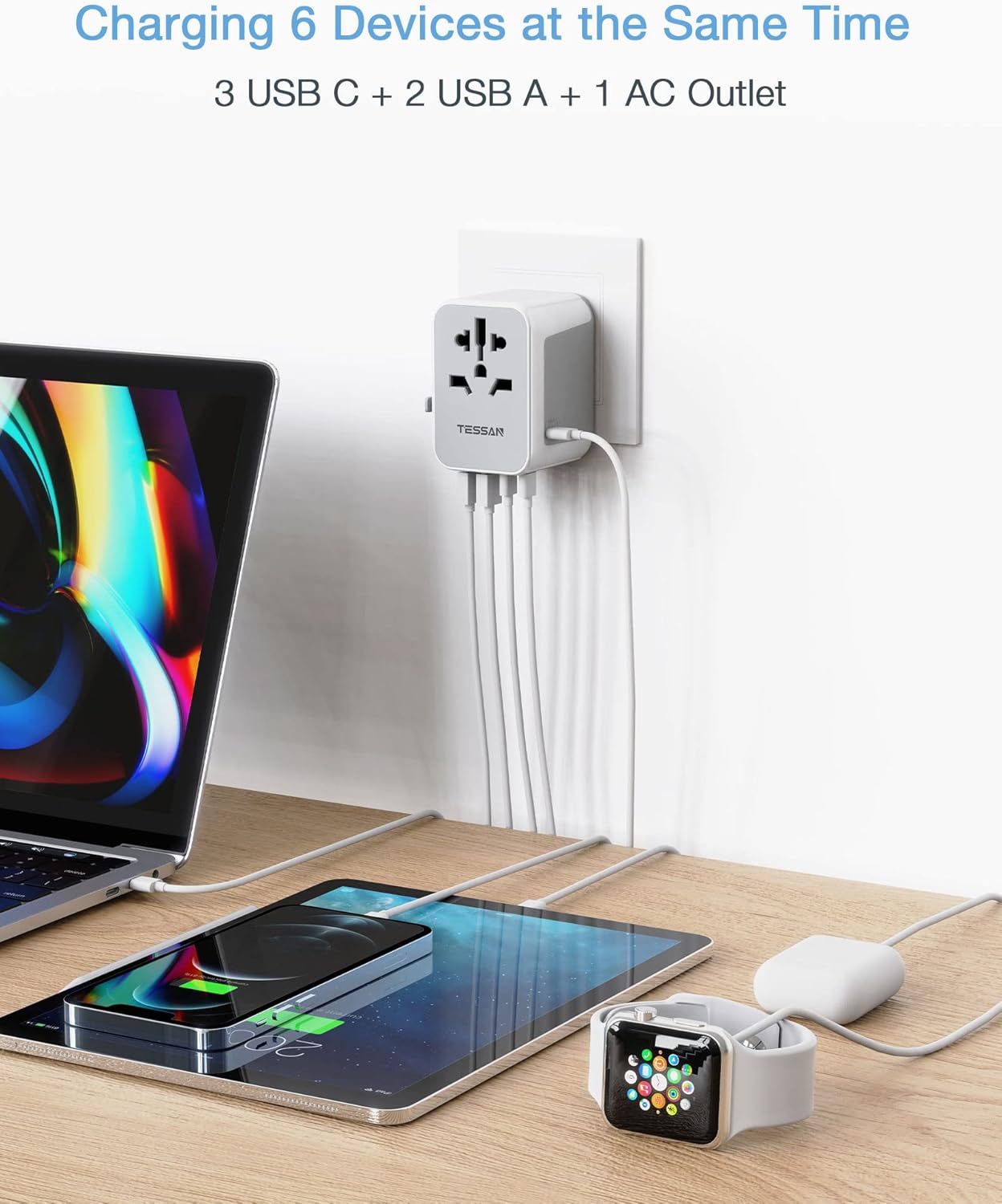 TESSAN Universal Travel Adapter, International Plug Adaptor with 2 USB C Wall Charger 2 USB A Ports, Worldwide Power Outlet Travel Essentials for US to European EU UK AUS (Type C/G/A/I) - Image 7