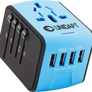 Unidapt Universal Travel Adapter, International Plug Adapter Fast 2,4A 4-USB European Power Plug, AC Wall Charger – Worldwide Outlet for Europe US USA UK EU AUS, Blue